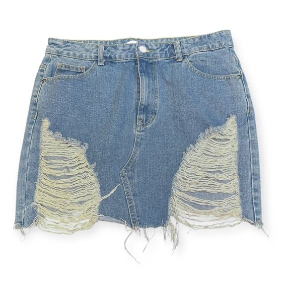 PRETTYLITTLETHING Women’s Blue Distressed High-Waisted Denim Mini Skirt Size 10 - Picture 2 of 6